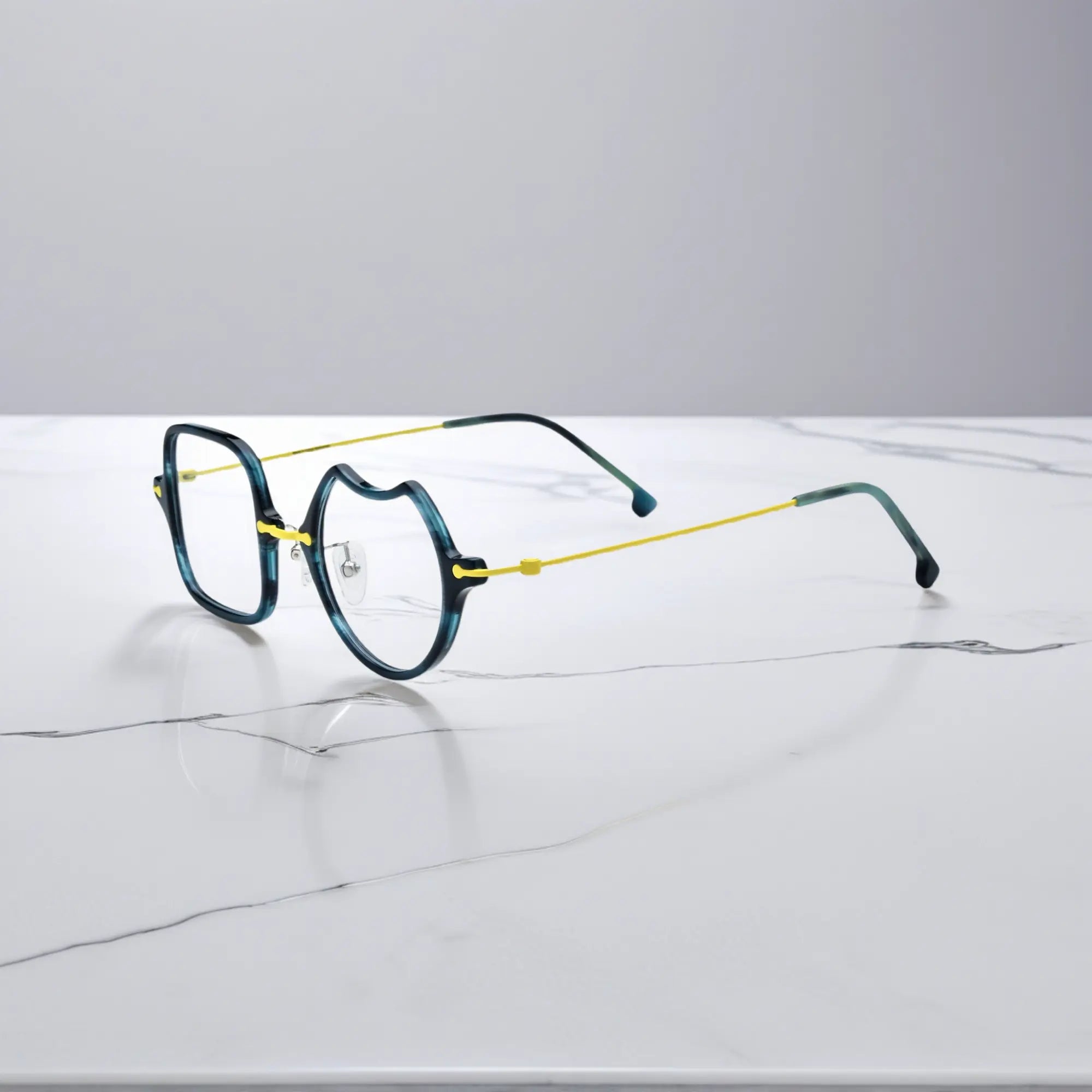 Side View of VoyueLens™ Electric Olive bold abstract eyeglasses VL185842-C5. Side profile emphasizing the sleek titanium temples and ergonomic curve.